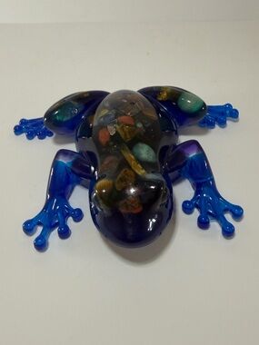 Blue or Green Resin Frog Figurine with Multicolor Inclusions